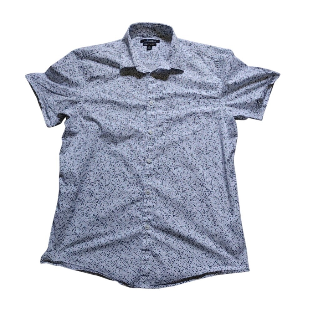 Marc Anthony Mens Blue Geometric Print Short Sleeve Button Down Slim Fit Shirt L